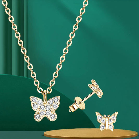 Lnngy Genuine 925 Silver Butterfly Pendant Necklaces Exquisite Moissanite Necklace Stud Earring Jewelry Set For Birthday Gift