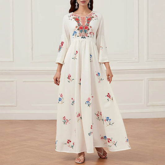 Rafiah Summer Dresses 2025 Women's Flower Graphic Printing Long Sleeve V-Neck Fit and Flare Arabian Midi Dress