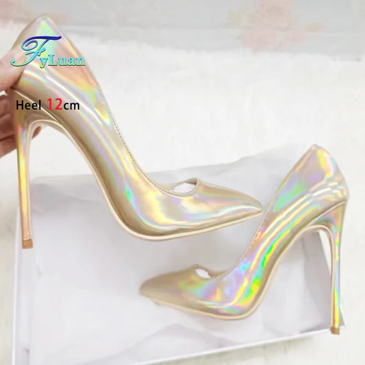 2025 New Party Banquet High Heels For Women Temperament Single Shoes 10CM 12CM Fashion Pointed Laser Holographic Summer Pumps