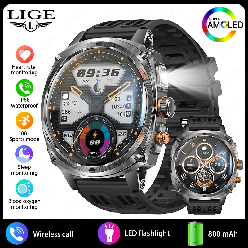 LIGE Rugged Military 1.75-inch AMOLED Screen Smart Watch With LED Flashlight 800mAh Battery Bluetooth Call Smart Watch Men Gift