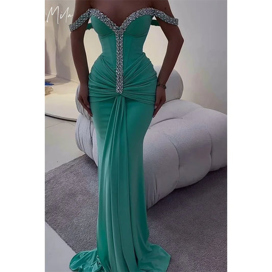 Mila Off The Shoulder Customized Diamonds Evening Dresses Mermaid Prom Dress 2025 Sexy Court Train Wedding Party Formal Gowns