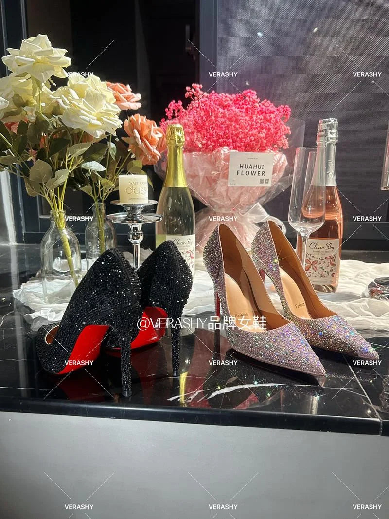 Crystal red soled high heels, black pointed shallow mouth single shoes, thin heels, evening temperament women's shoes