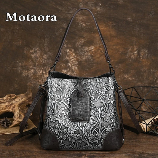 MOTAORA Retro Embossed Genuine Leather Women Shoulder Bucket Bag Luxury Cowhide Handbag Female New Large Capacity Crossbody Bags