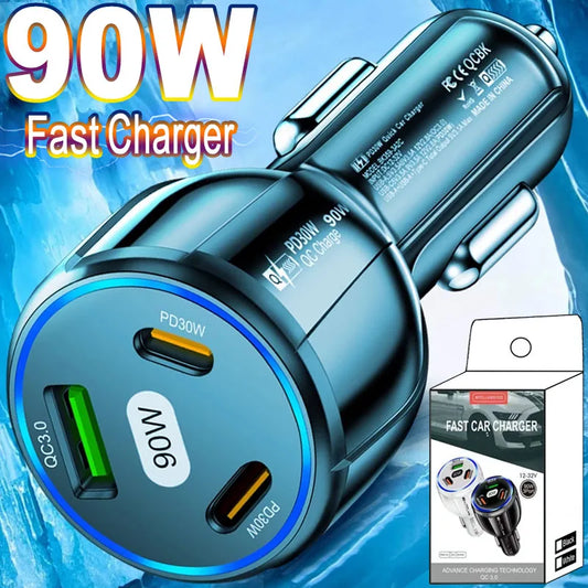 90W Fast Charger 3 Ports PD USB Car Charging Mobile Phone Type-C Adapter Quick Charger in Car for iPhone 14 15 Pro/Max Samsung