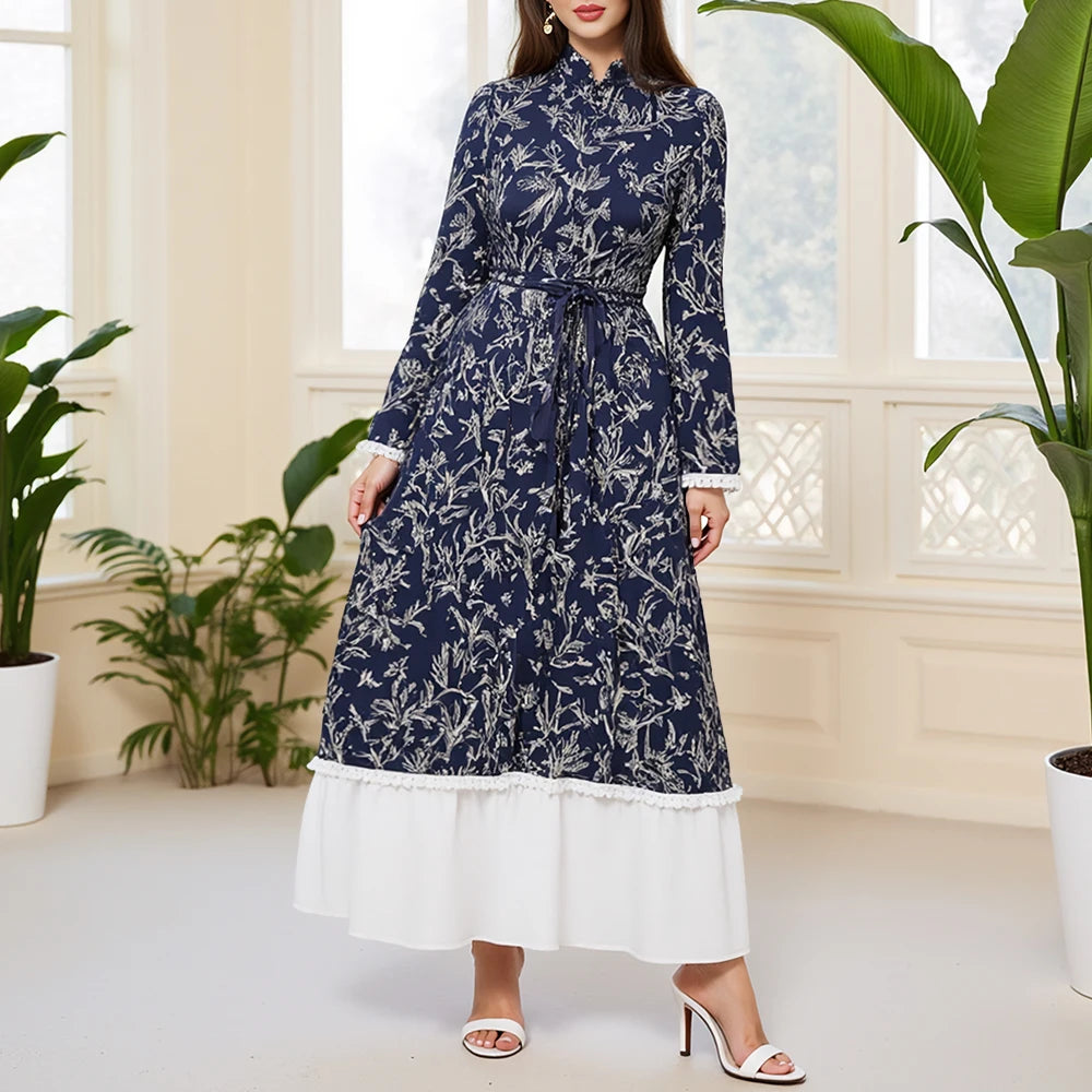 Rafiah Summer Long Dresses 2025 Fashion Casual Patchwork Print Midi Long Sleeve Mandarin Collar Shift Evening Dresses For Women