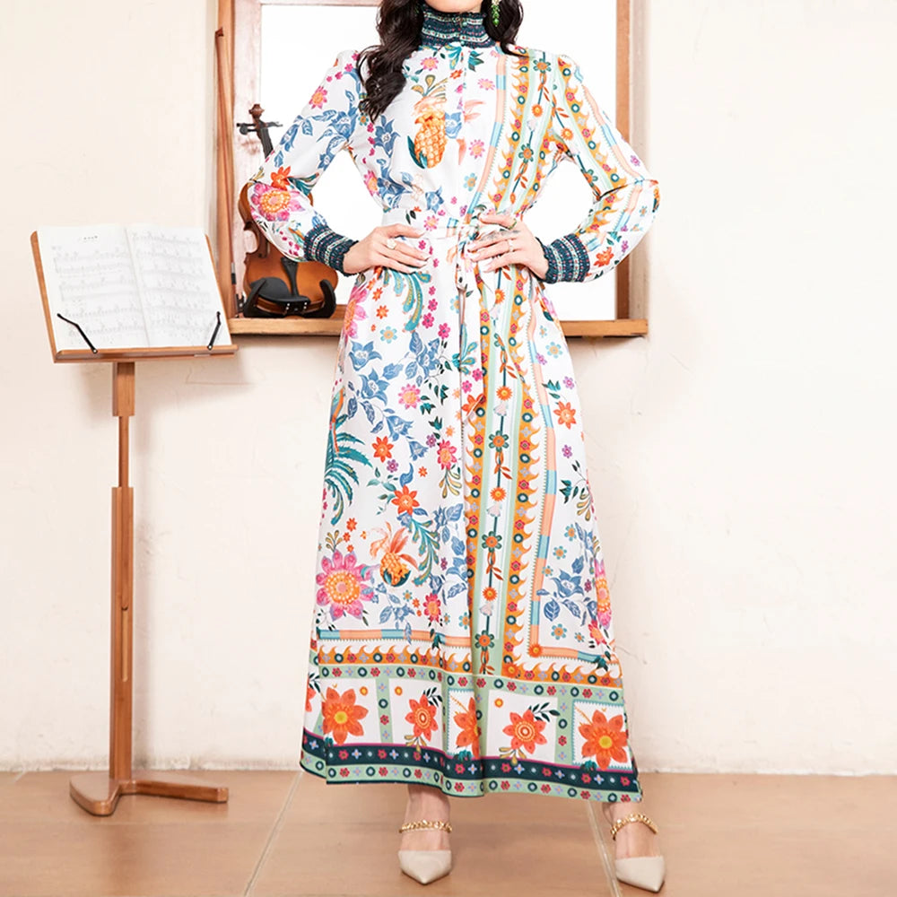 Rafiah Summer Arabian Dress 2025 Cultural Intricate Full Print Long Sleeve High Neck Midi A-Line Long Dress For Women