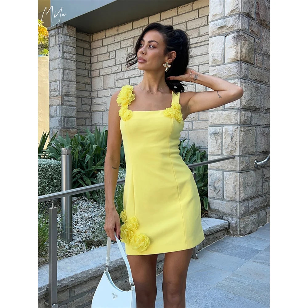 Mila Square Collar Mini Wedding Party Dress 2025 Sleeveless 3D Flowers Customized Evening Dresses Zip Cute vestidos de fiesta