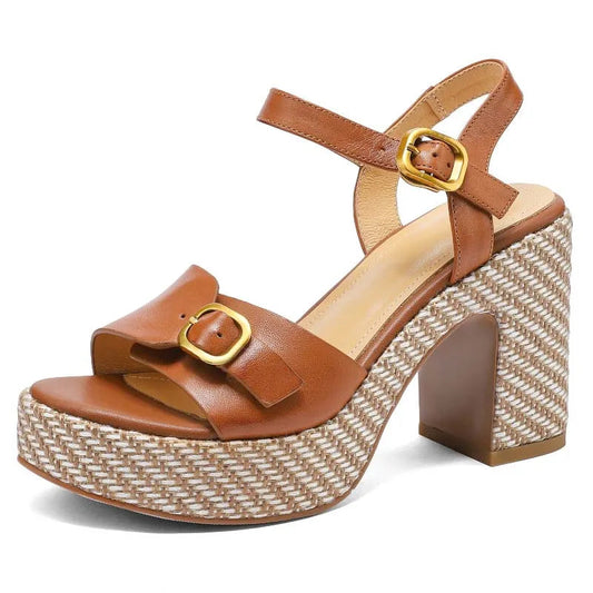 GrabliWorld Women’s Genuine Leather Peep Toe Wedge Sandals Platform Summer Shoes Plus Size 41-42