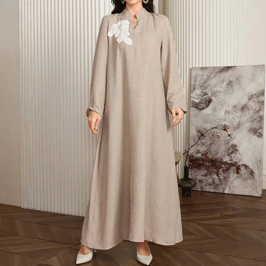 Rafiah Ramadan Floral Embroidered Loose Casual Modest Maxi Abaya Scalloped Neckline Long Sleeves Arabic Dress Parties Wedding