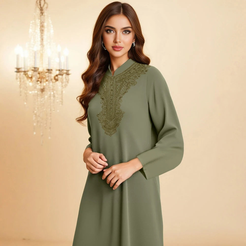 Rafiah Summer Long Dresses 2025 Decent Elegant Basics Graphic Printing Long Sleeve Mandarin Collar Midi A-Line Dresses For Women