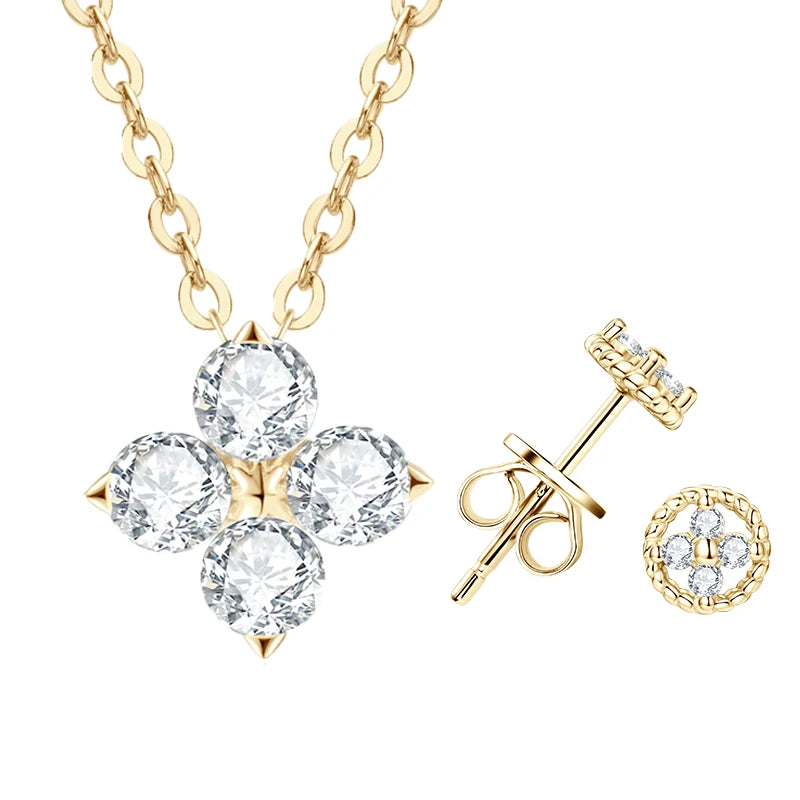 Lnngy Certified GRA Four Leaf Clover Moissanite Necklace Stud Earring Jewelry Set For Women 925 Sterling Silver Pendant Necklace