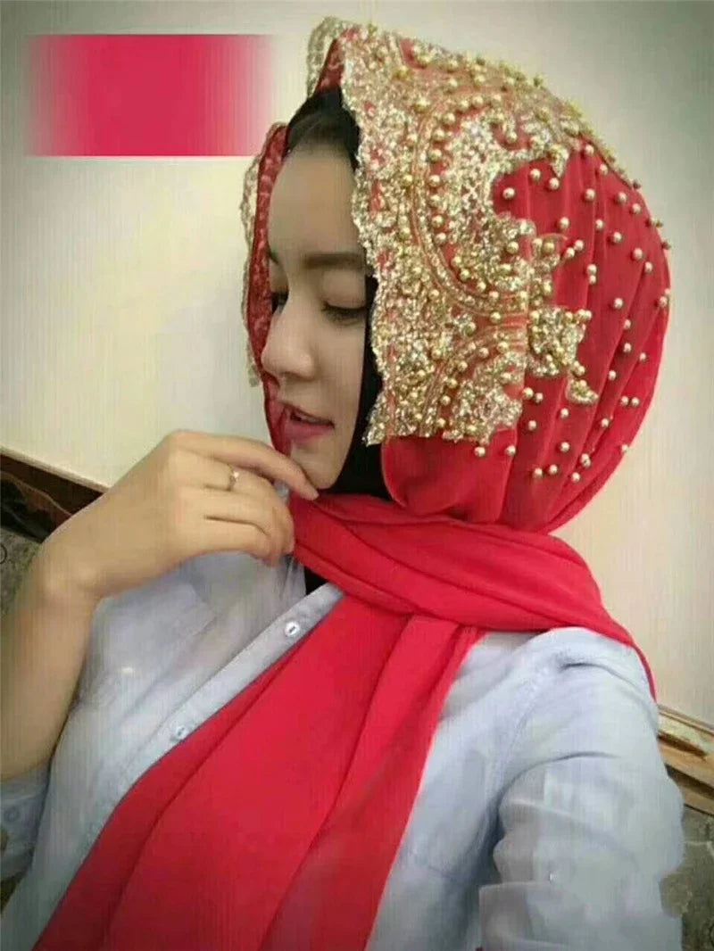 Dubai Women Bling Beaded Headscarf Long Scarf Cap Lace Scarves Muslim Wedding Wrap Shawls Hijab Islamic Turban
