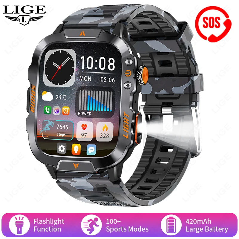 LIGE Military Smart Watch Men 1.96" Screen 3ATM Waterproof Bracelet Bluetooth Call AI Voice Sport Smartwatch With LED Flashlight