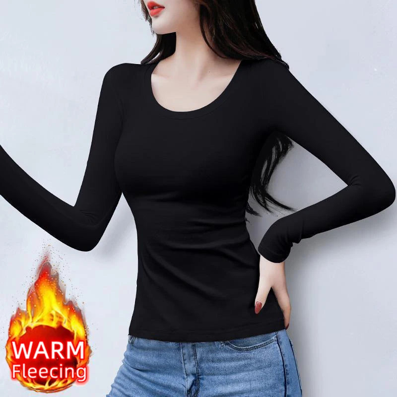 O Neck Long Sleeve Fleeceing Heating Fiber Thermal Basic T-Shirts Women Winter Bottoming Cropped Tops Casual Skinny All-match