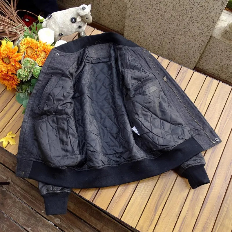 Men 100% Genuine Leather Jacket Woolen Patchwork Loose Stand Collar Jacket Street Zip Black Bomber Outerwear Plus Size 6XL