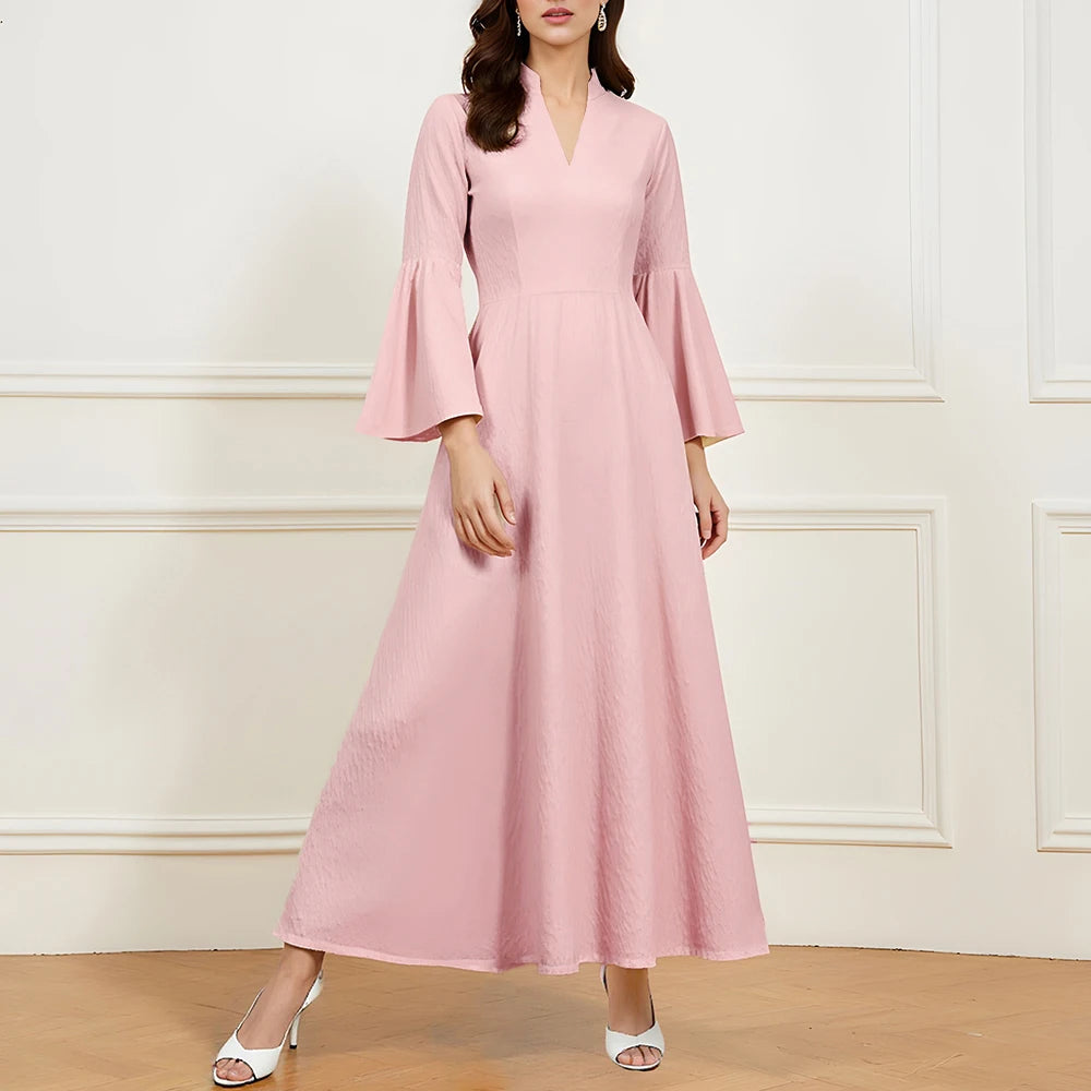 Rafiah Summer Long Dresses 2025 Decent Elegant Solid Color Long Sleeve V-Neck Midi A-Line Evening Dresses For Women