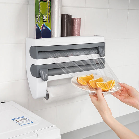 ABS Material Wall Mounted Kitchen Cling Film Dispenser with Cutter, Cling Film Aluminum Foil Roll Holder Paper Towel Holder Grey