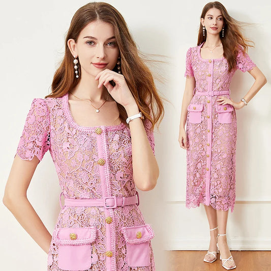 Sheath Bodycon Flower Embroidery Lace Prom Dress – Women's Summer/Fall Short Sleeve Midi Evening Dress