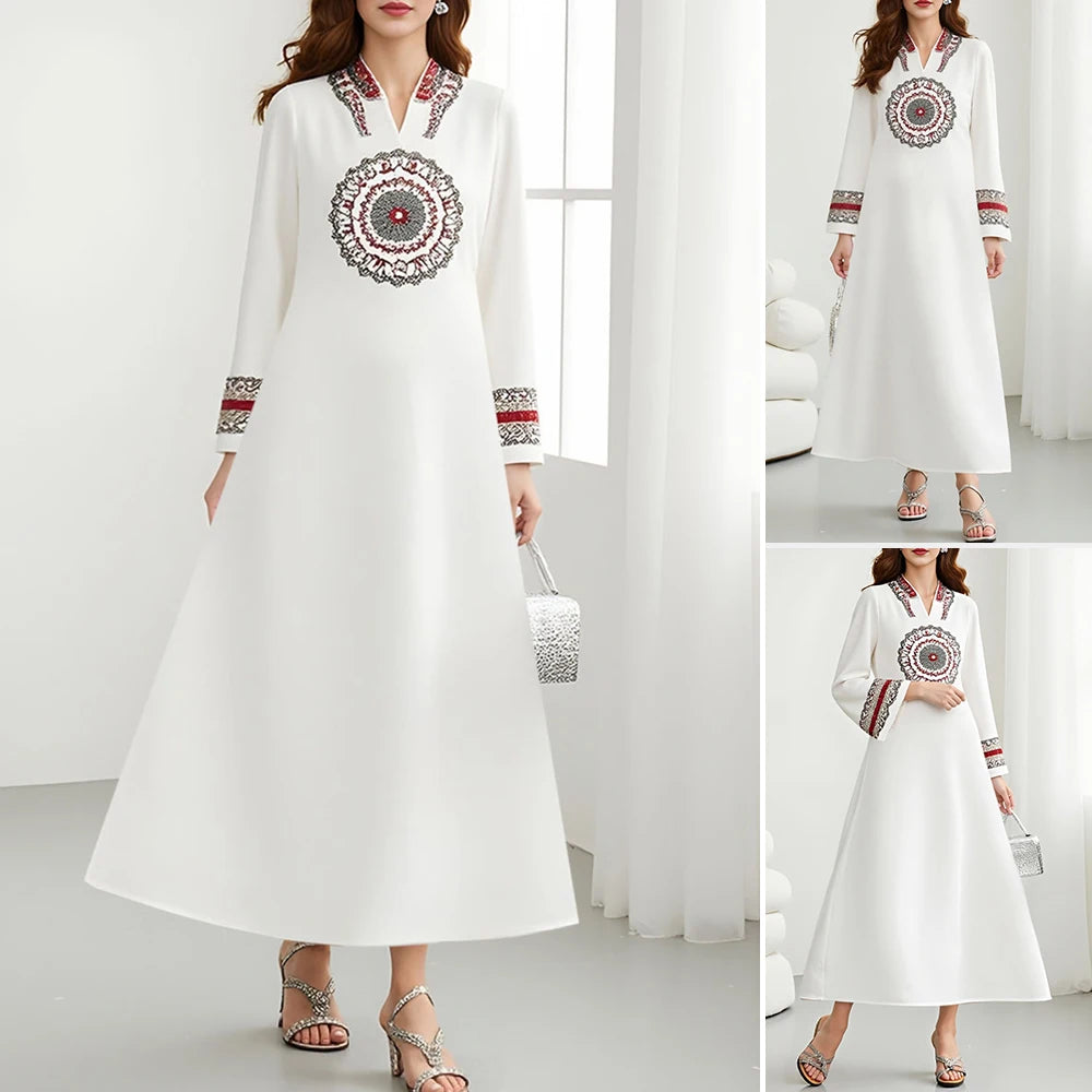 Rafiah Autumn Dresses 2025 Women's Elegant Print Long Sleeve V-Neck A-Line Dating Long Arabian Dresses