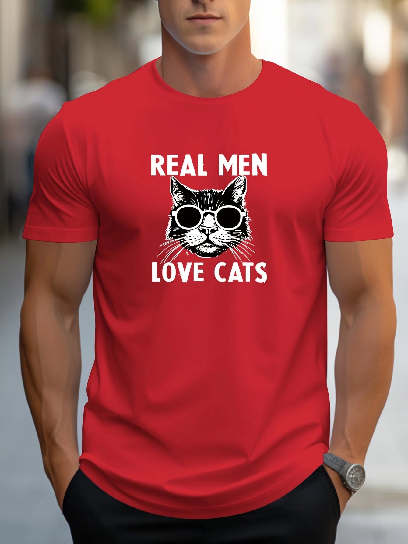 Men’s Summer 100% Cotton Casual T-Shirt,
“True Men Love Cats” Print | Loose Fit | Round Neck | Breathable Comfort