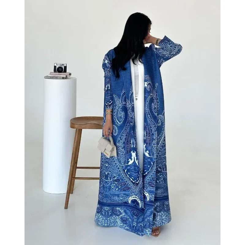 KAF Pleated Women Abaya 2025 Spring Fall New Fashion Retro Printed Cardigan Design Loose Large Size Arab Luxury Robe Female