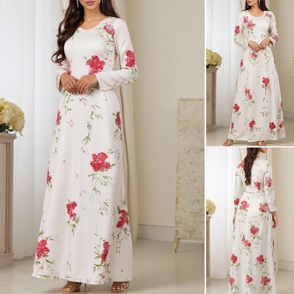 Rafiah Women's Arabian Dress Autumn Winter 2025 Elegant Fashion Floral Full Print Long Sleeve V-Neck Arabian Dress For Women