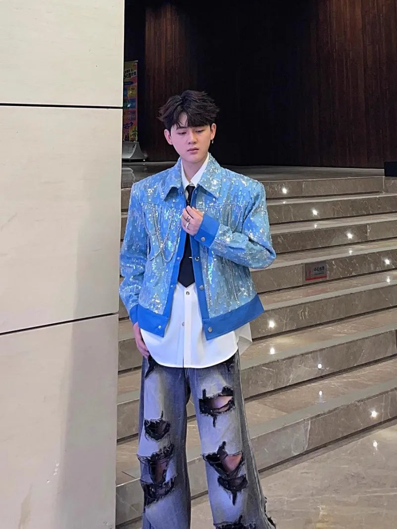 Mens Blue Denim Jacket Fashion Sequined Chain Turn-Down Collar Spring Autumn Short Coat Single Breasted Casual Outerwear Male