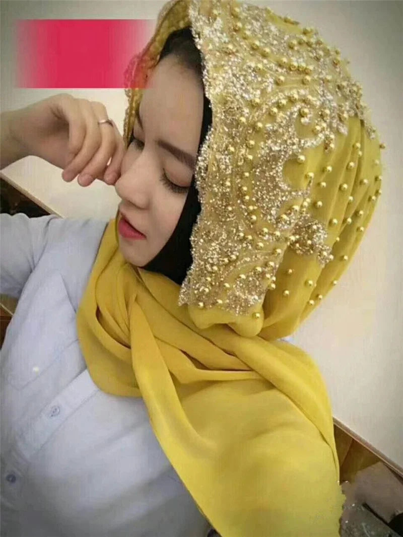 Dubai Women Bling Beaded Headscarf Long Scarf Cap Lace Scarves Muslim Wedding Wrap Shawls Hijab Islamic Turban