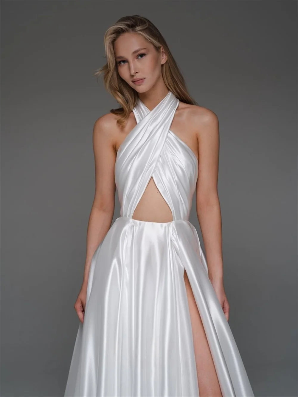 Mila Halter Neck A-Line Backless Wedding Dresses 2025 Side High Split Chic Evening Dresses Floor-Length Customized Party Dresses