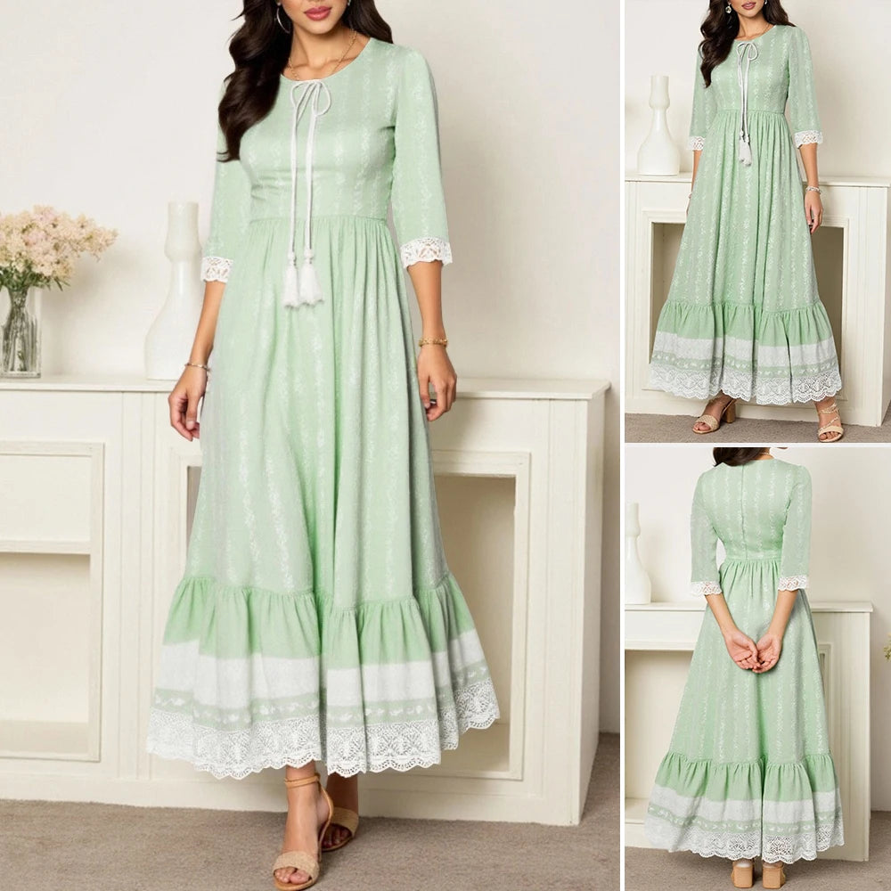 Rafiah Women's Summer Arabian Dress Loose Fit Comfortable Lace Shirring Lace-Up 3/4 Sleeve Crew Neck Midi Casual Arabian Dress