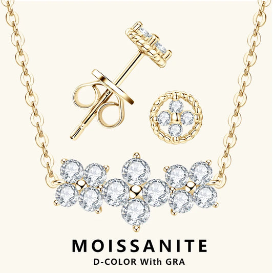 Lnngy GRA Certified Moissanite Stud Earring Necklace Jewelry Set For Women 925 Sterling Silver Four Leaf Clover Pendant Necklace