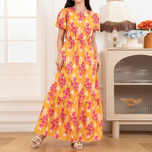Rafiah Summer Dress 2025 Floral Women's Fashion Puff Sleeve Crew Neck A-Line Maxi Dating Arabian Dress