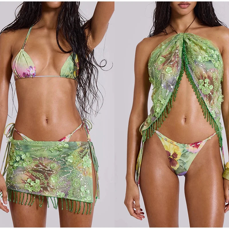 Sexy Sequin Tassel Mini Skirt Women Lace Up Bead Flower High Waist Holiday Skirts 2025 Summer Beach Green Print Robe Lady