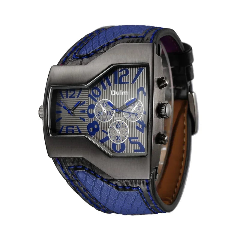 Oulm 1220 Luxury Brand Watch Retro Design Male Sport Wristwatch Leather Strap Watches Men's Two Time Zone Big Dial Quartz Clock