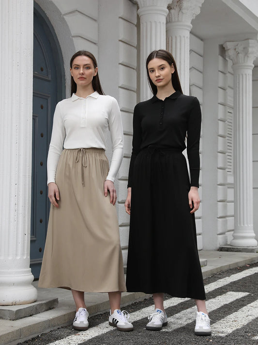 AP 2025 Spring/Summer Women Turn-Down Collar Tee & Cotton Blend Skirt Set