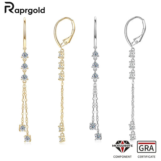 RAPRGOLD Certified Moissanite Tassels Chain Hoop Earring for Women 925 Sterling Silver Dangling Earrings Jewelry Gift pendientes