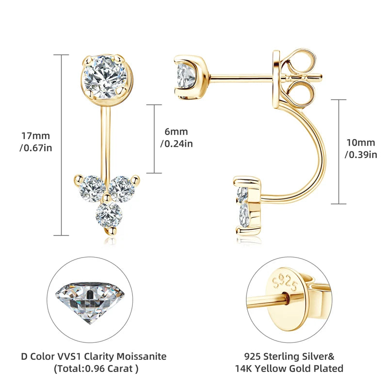 Lnngy Front Back Double Sided Moissanite Stud Earring Pendientes Plata 925 Sterling Silver Earrings For Women 2 in 1 Ear Jewelry