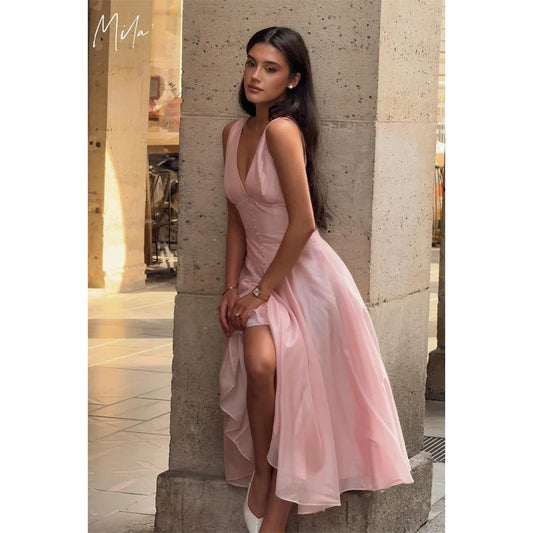 Mila Light Pink V-Neck Customized Party Dresses Chic Sleeveless A-Line Prom Dresses 2025 Elegant Zip Tra-length Evening Dresses