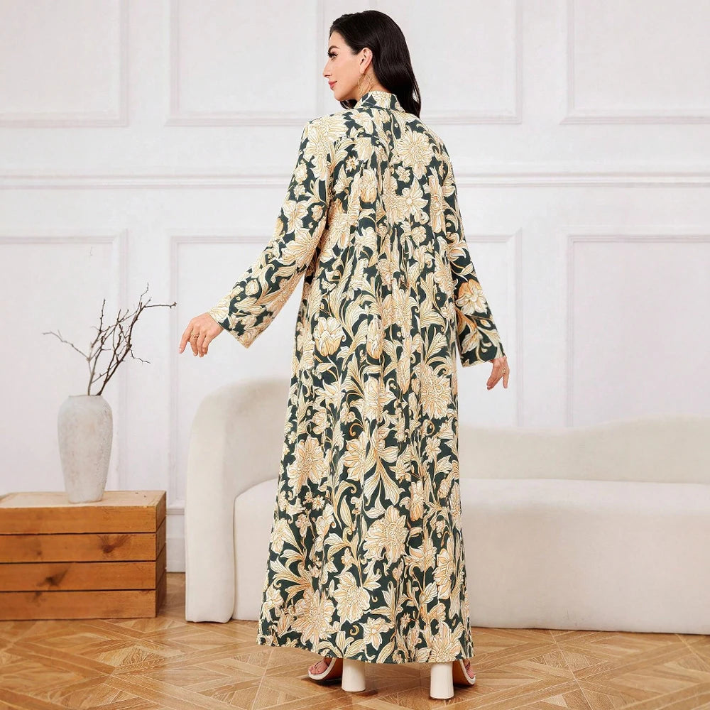 Rafiah Women's Dresses Summer Elegant 2025 Floral Modest Fashion Long Sleeve Shirt Collar A-Line Midi Vacation Long Dresses