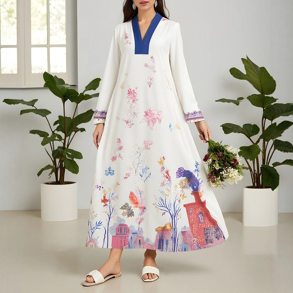 Rafiah Women's Summer Dress Ventilate Comfortable Graphic Printing Long Sleeve V-Neck Mixi A-LineDaily Arabian Dress