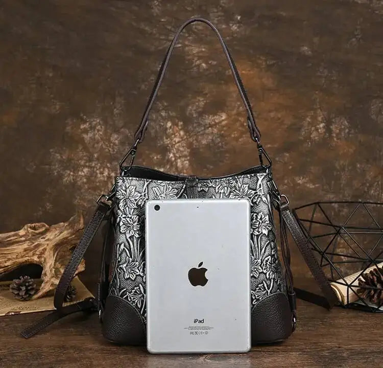 MOTAORA Retro Embossed Genuine Leather Women Shoulder Bucket Bag Luxury Cowhide Handbag Female New Large Capacity Crossbody Bags