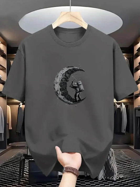 Men's summer 100% cotton 🌙 moon shaped  planet astronaut 🧑‍🚀 digging printed casual loose solid color multi-color optional sports round neck short sleeved T-shirt top