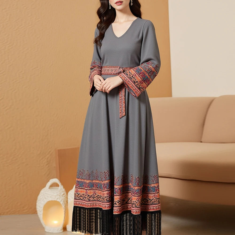 Rafiah Summer Arabian Dress 2025 Chic Cultural Contrast Color Short Sleeve V-Neck Midi A-Line Casual Long Dress For Women