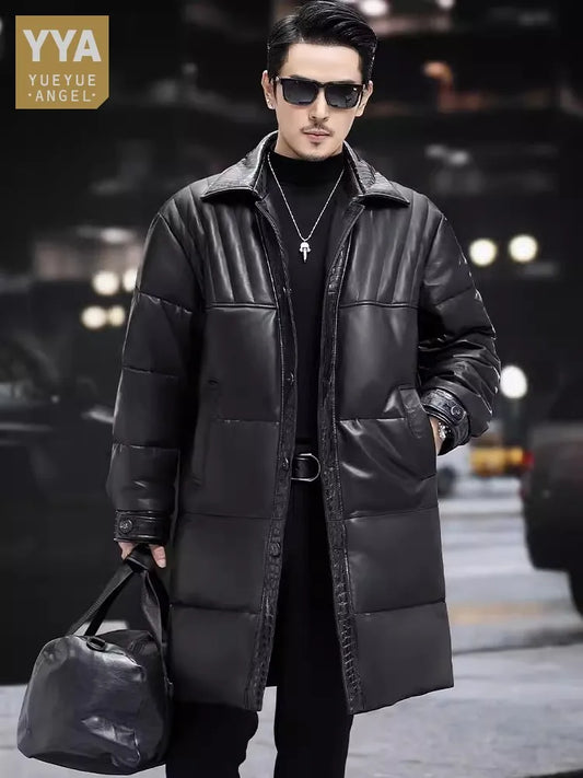 Winter Mens Sheepskin Genuine Leather Down Coat Thicken Warm Single Breasted Turn-Down Collar Medium Length Overcoat Size 5XL