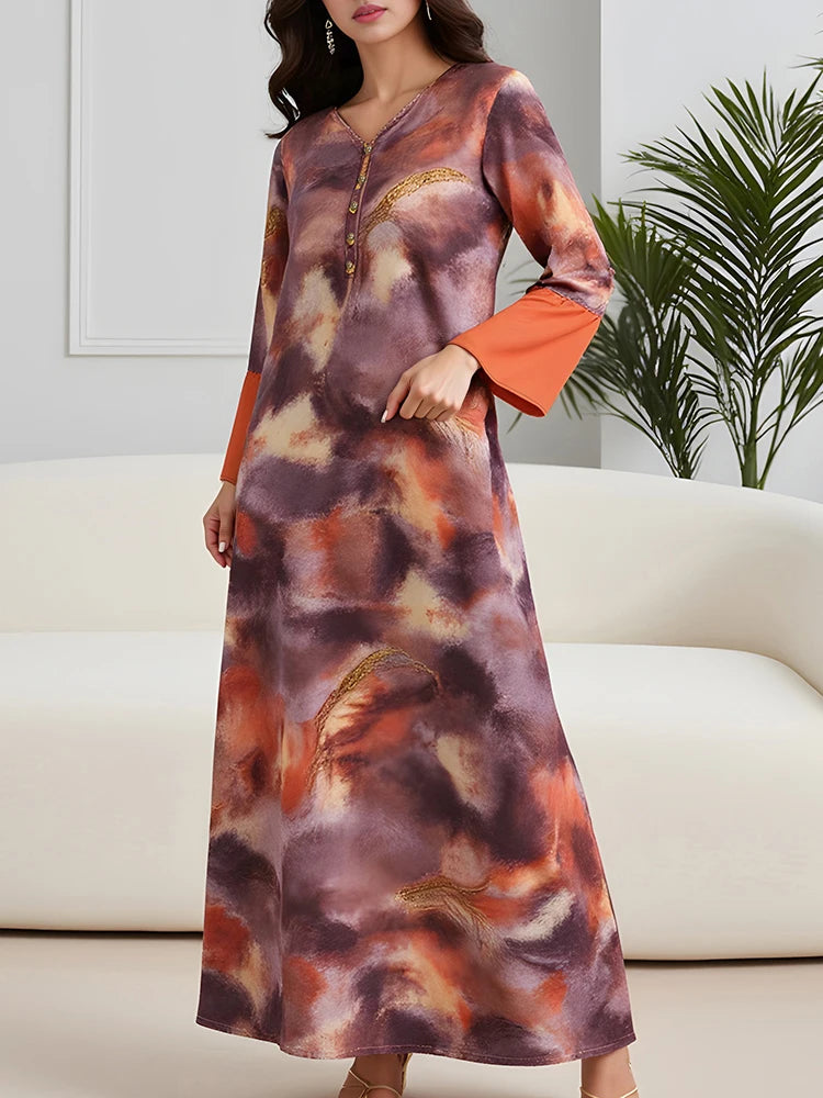 Rafiah Dress Spring Summer Elegant Modest Fashion Tie Dye Long Sleeve V-Neck Maxi Evening Dresses