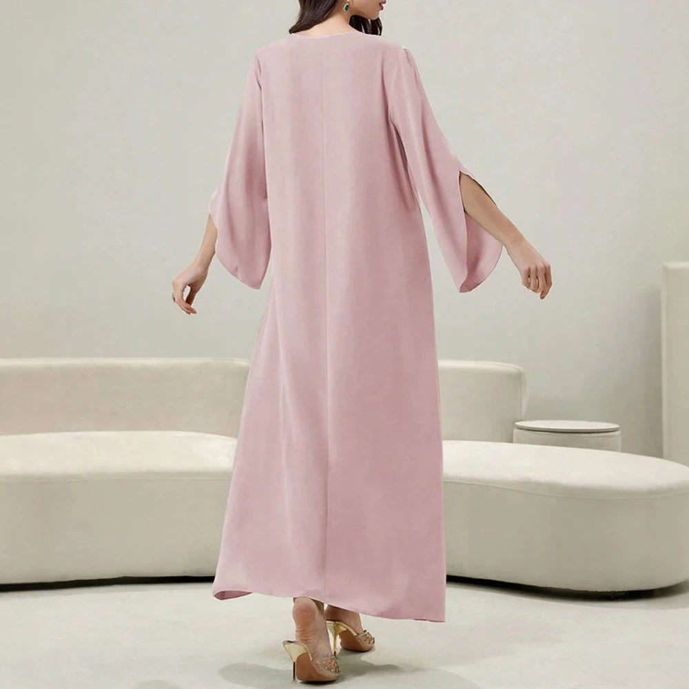 Rafiah Summer Dresses 2025 Women's Appliques Plain Draped Long Flare Sleeve V-Neck Loose Fit Basics Arabian Midi Dress