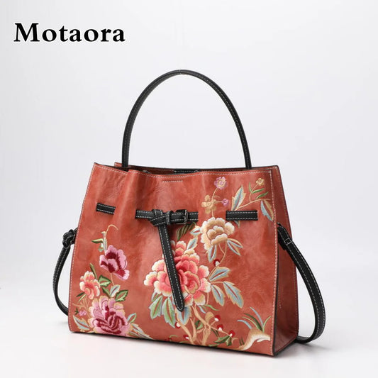 MOTAORA Vintage Chinese Embroidery Leather Shoulder Bag Women Large Capacity Crossbody Bucket Bag Ladies Fashion Handbag NEW