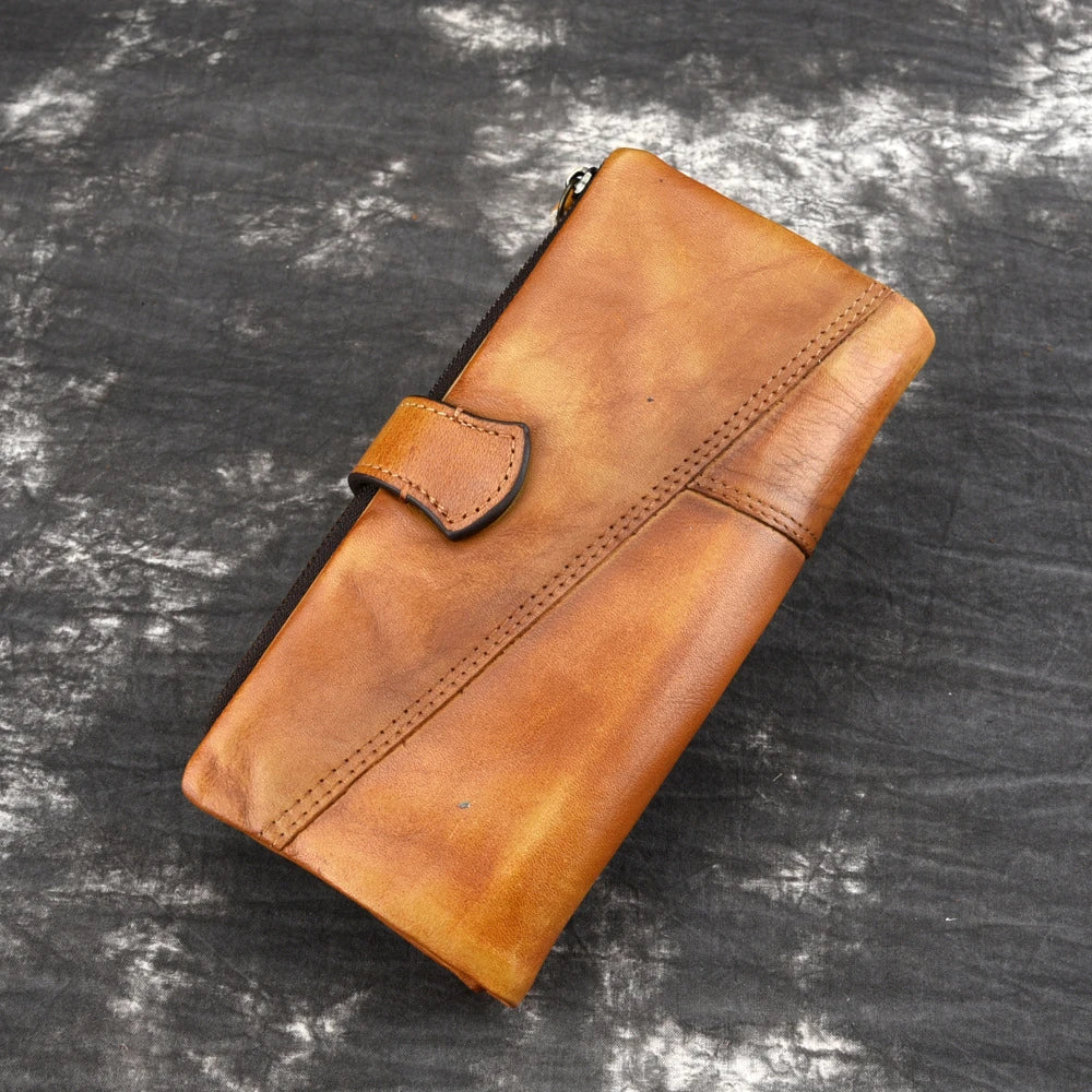 Motaora Vintage Cowhide Purse Oil Wax Long Wallet For Ladies Multi-card Splicing Wallet Genuine Leather coin purses holders
