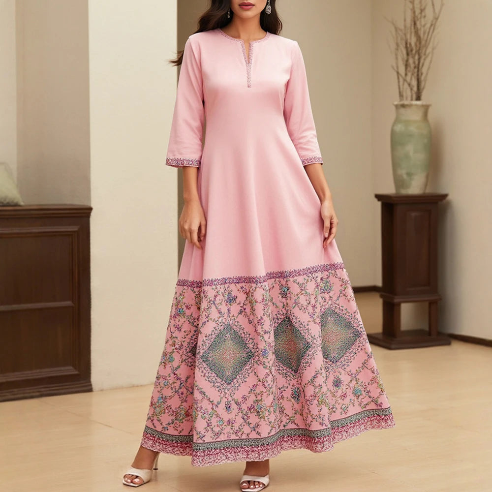 Rafiah Women's Dresses Summer Elegant Decent 2025 Cultural Print Long Sleeve V-Neck Midi A Line Casual Long Dress