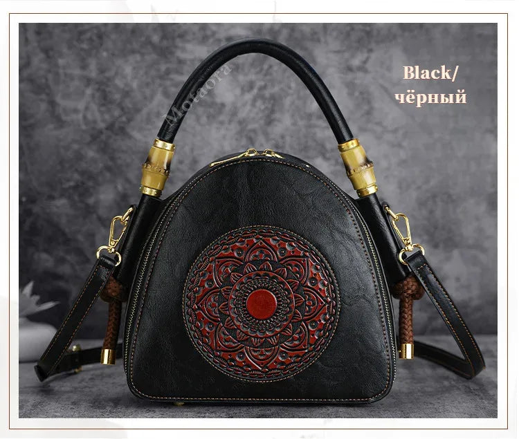 MOTAORA Bamboo Top Handle Embossed Leather Shoulder Bag, Vintage Bohemian Crossbody Purse for Women Handmade Large Capacity Tote